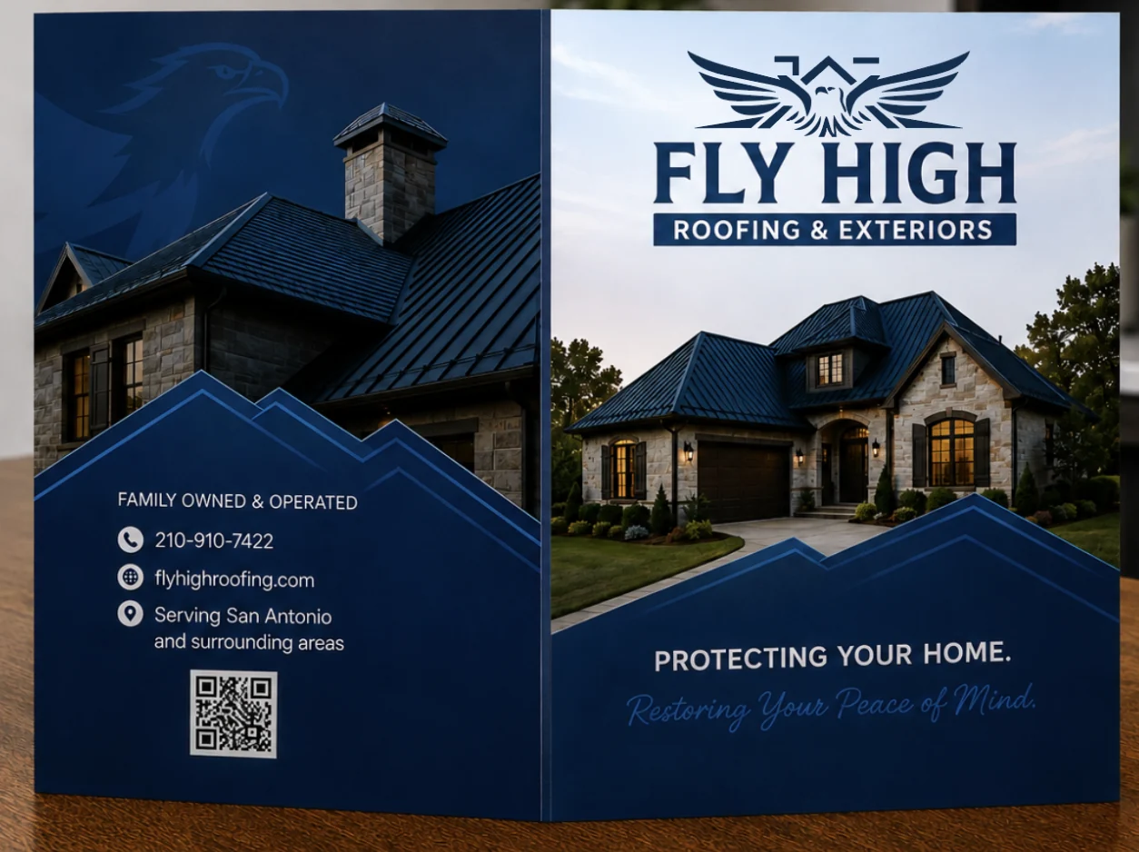 Portada y contraportada de la carpeta Fly High Roofing